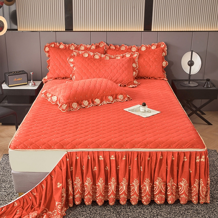 91家纺网 家纺一手货源 找家纺 罗艺轩 2025新款婴儿绒加厚保暖床裙式四件套-心语 心语-艾玛橙