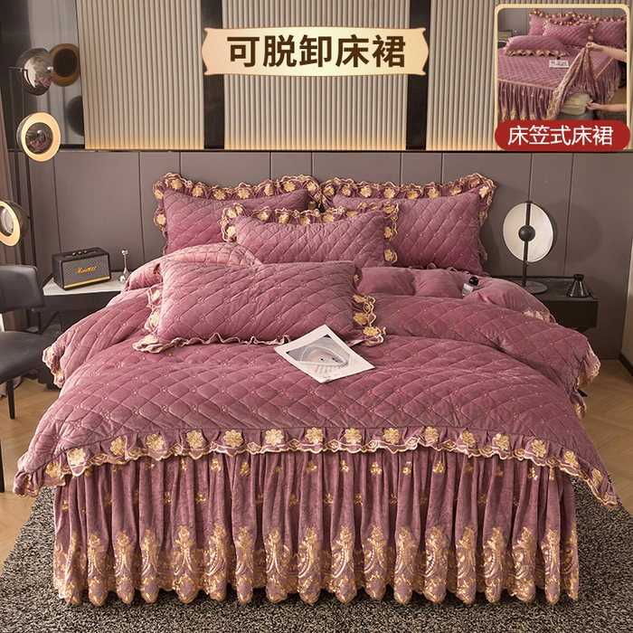 91家纺网 家纺一手货源 找家纺 罗艺轩 2025新款婴儿绒加厚保暖床裙式四件套-心语 心语-豆沙