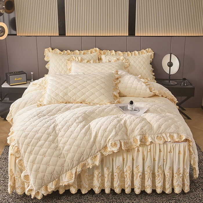 91家纺网 家纺一手货源 找家纺 罗艺轩 2025新款婴儿绒加厚保暖床裙式四件套-心语 心语-奶昔