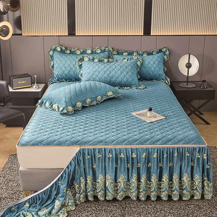 91家纺网 家纺一手货源 找家纺 罗艺轩 2025新款婴儿绒加厚保暖床裙式四件套-心语 心语-湖蓝