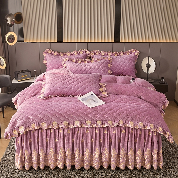 91家纺网 家纺一手货源 找家纺 罗艺轩 2025新款婴儿绒加厚保暖床裙式四件套-心语 心语-紫色