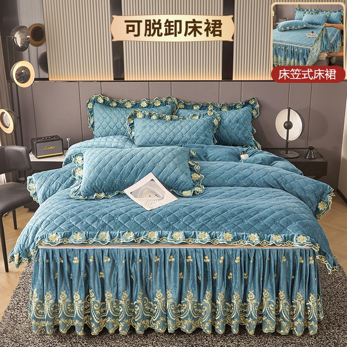 91家纺网 家纺一手货源 找家纺 罗艺轩 2025新款婴儿绒加厚保暖床裙式四件套-心语 心语-湖蓝