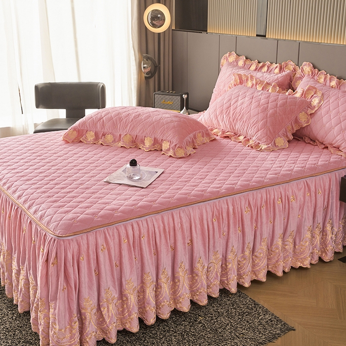 91家纺网 家纺一手货源 找家纺 罗艺轩 2025新款婴儿绒加厚保暖床裙式四件套-心语 心语-樱花粉