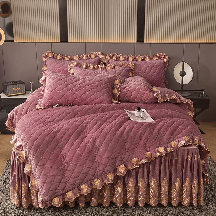 91家纺网 家纺一手货源 找家纺 罗艺轩 2025新款婴儿绒加厚保暖床裙式四件套-心语 心语-豆沙