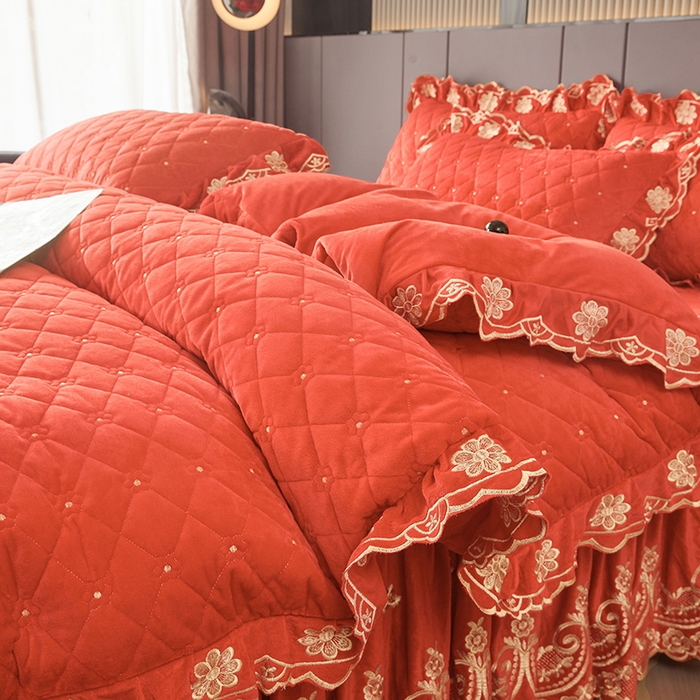 91家纺网 家纺一手货源 找家纺 罗艺轩 2025新款婴儿绒加厚保暖床裙式四件套-心语 心语-艾玛橙