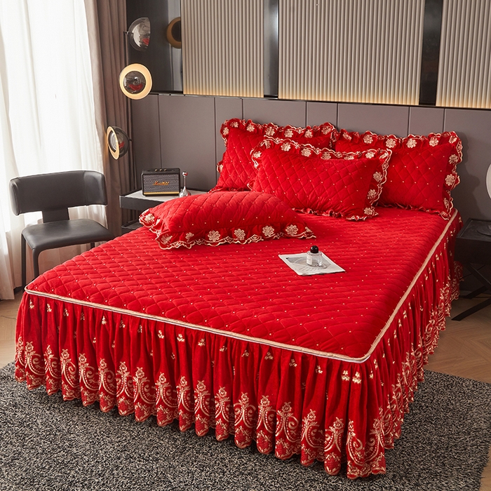 91家纺网 家纺一手货源 找家纺 罗艺轩 2025新款婴儿绒加厚保暖床裙式四件套-心语 心语-大红