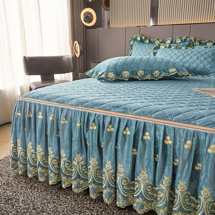 91家纺网 家纺一手货源 找家纺 罗艺轩 2025新款婴儿绒加厚保暖床裙式四件套-心语 心语-湖蓝