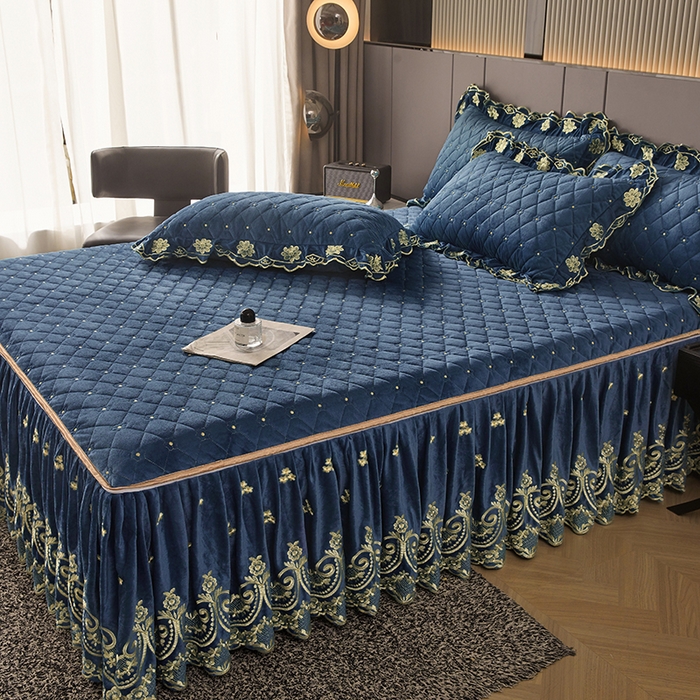 91家纺网 家纺一手货源 找家纺 罗艺轩 2025新款婴儿绒加厚保暖床裙式四件套-心语 心语-宝蓝