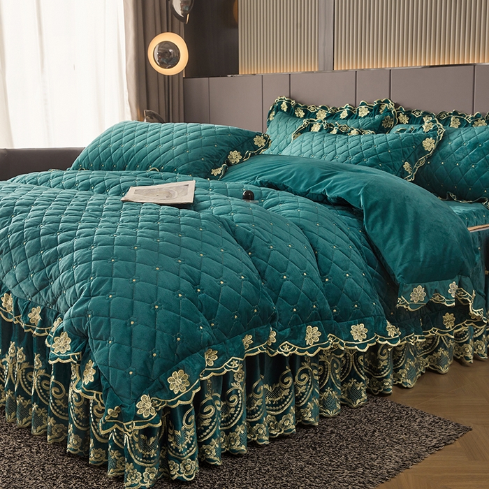 91家纺网 家纺一手货源 找家纺 罗艺轩 2025新款婴儿绒加厚保暖床裙式四件套-心语 心语-翡翠绿