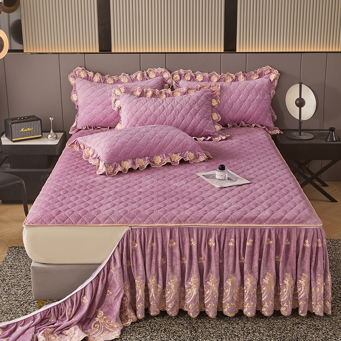 91家纺网 家纺一手货源 找家纺 罗艺轩 2025新款婴儿绒加厚保暖床裙式四件套-心语 心语-紫色