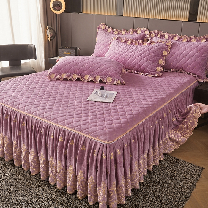 91家纺网 家纺一手货源 找家纺 罗艺轩 2025新款婴儿绒加厚保暖床裙式四件套-心语 心语-紫色