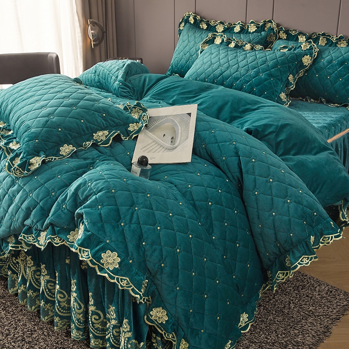 91家纺网 家纺一手货源 找家纺 罗艺轩 2025新款婴儿绒加厚保暖床裙式四件套-心语 心语-翡翠绿