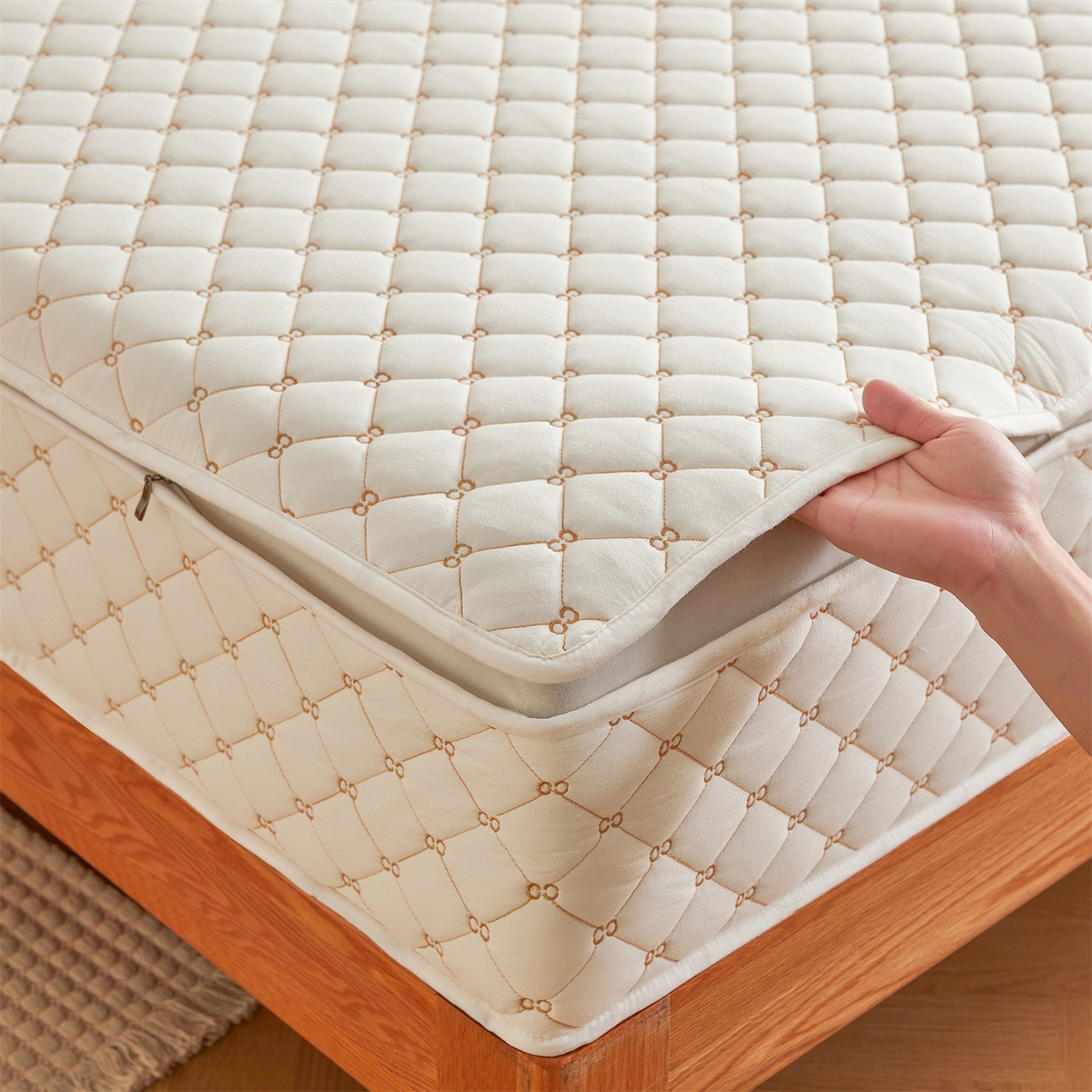 91家纺网 家纺一手货源 找家纺 （总）伊人坊 2025新款A类全棉水洗棉六面全包夹棉床笠床垫保护套拉链床笠