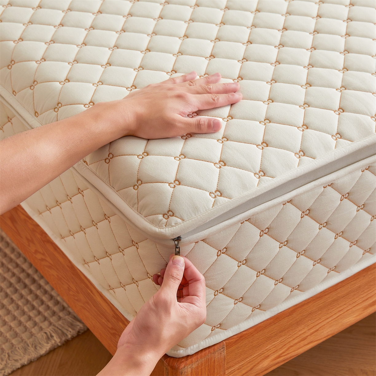 91家纺网 家纺一手货源 找家纺 （总）伊人坊 2025新款A类全棉水洗棉六面全包夹棉床笠床垫保护套拉链床笠