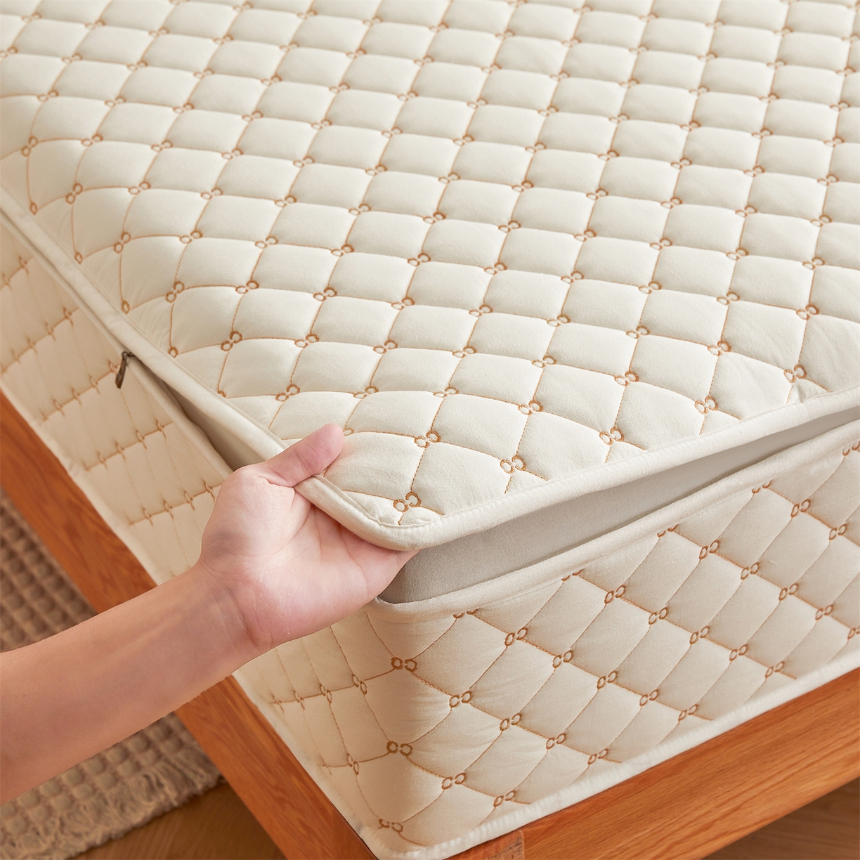 91家纺网 家纺一手货源 找家纺 （总）伊人坊 2025新款A类全棉水洗棉六面全包夹棉床笠床垫保护套拉链床笠