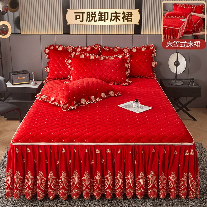 91家纺网 家纺一手货源 找家纺 罗艺轩 2025新款婴儿绒加厚保暖床裙式三件套-心语 心语-大红