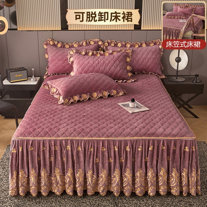 91家纺网 家纺一手货源 找家纺 罗艺轩 2025新款婴儿绒加厚保暖床裙式三件套-心语 心语-豆沙