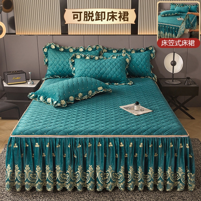 91家纺网 家纺一手货源 找家纺 罗艺轩 2025新款婴儿绒加厚保暖床裙式三件套-心语 心语-翡翠绿