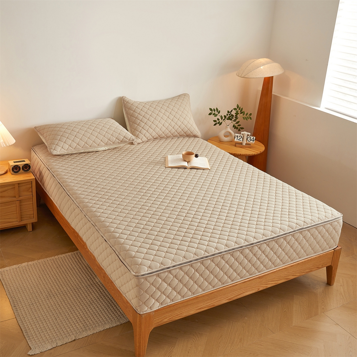 91家纺网 家纺一手货源 找家纺 伊人坊 2025新款A类全棉水洗棉六面全包夹棉床笠床垫保护套拉链床笠 浅米驼