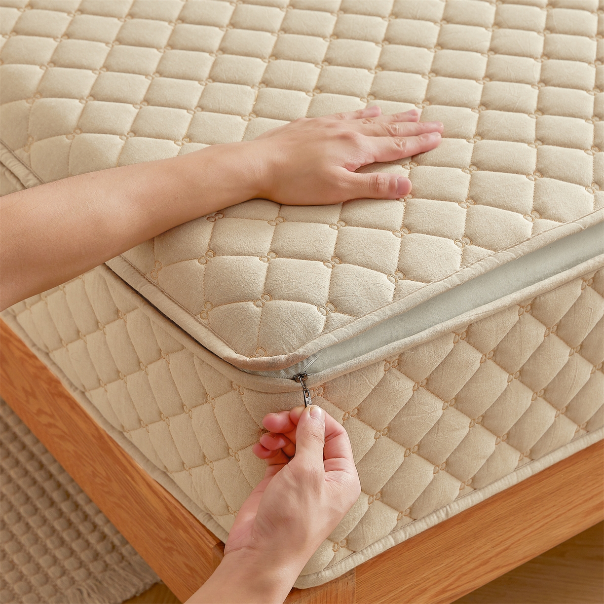 91家纺网 家纺一手货源 找家纺 伊人坊 2025新款A类全棉水洗棉六面全包夹棉床笠床垫保护套拉链床笠 浅米驼