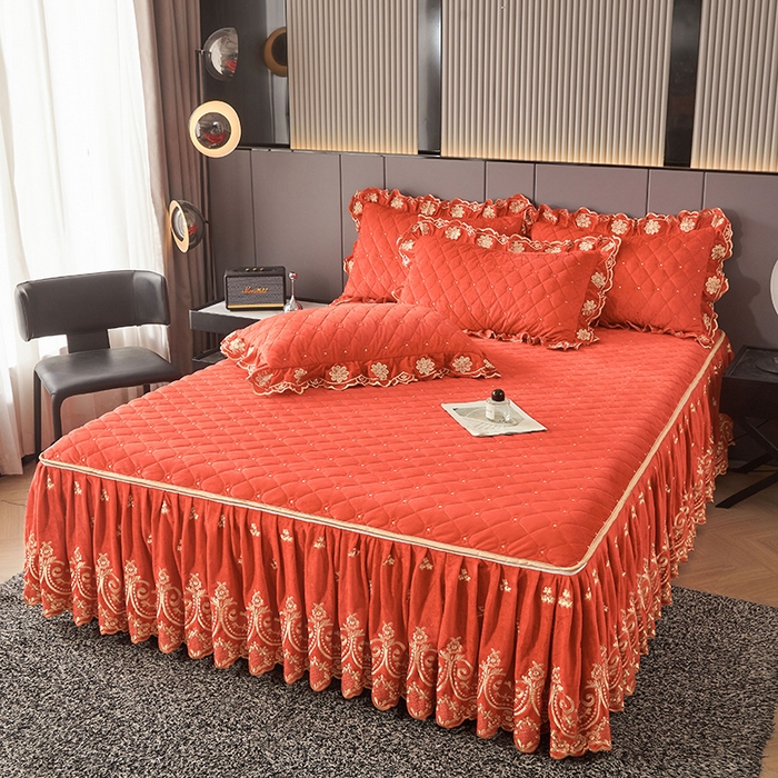 91家纺网 家纺一手货源 找家纺 罗艺轩 2025新款婴儿绒加厚保暖床裙式三件套-心语 心语-艾玛橙