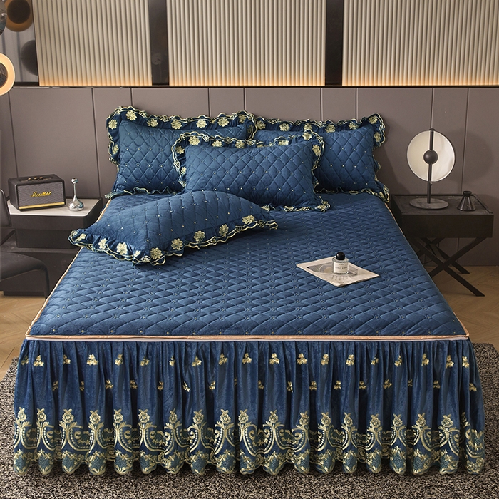 91家纺网 家纺一手货源 找家纺 罗艺轩 2025新款婴儿绒加厚保暖床裙式三件套-心语 心语-宝蓝