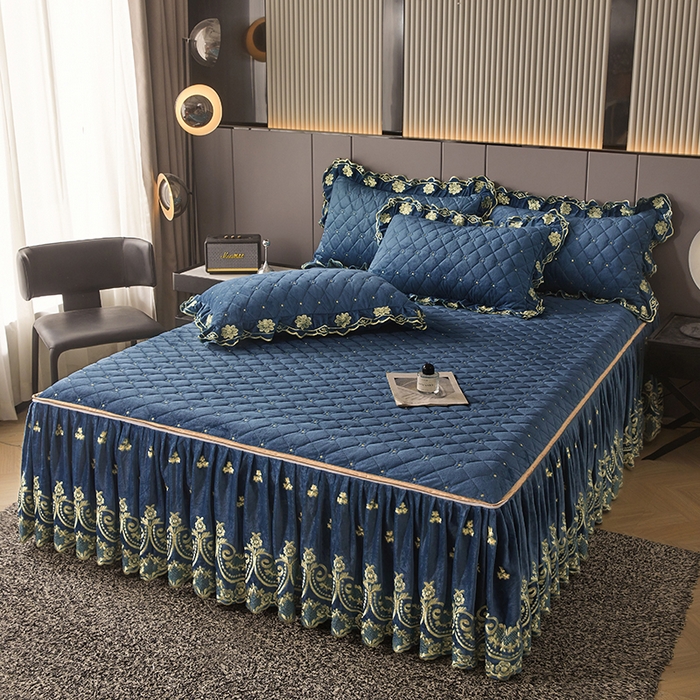 91家纺网 家纺一手货源 找家纺 罗艺轩 2025新款婴儿绒加厚保暖床裙式三件套-心语 心语-宝蓝