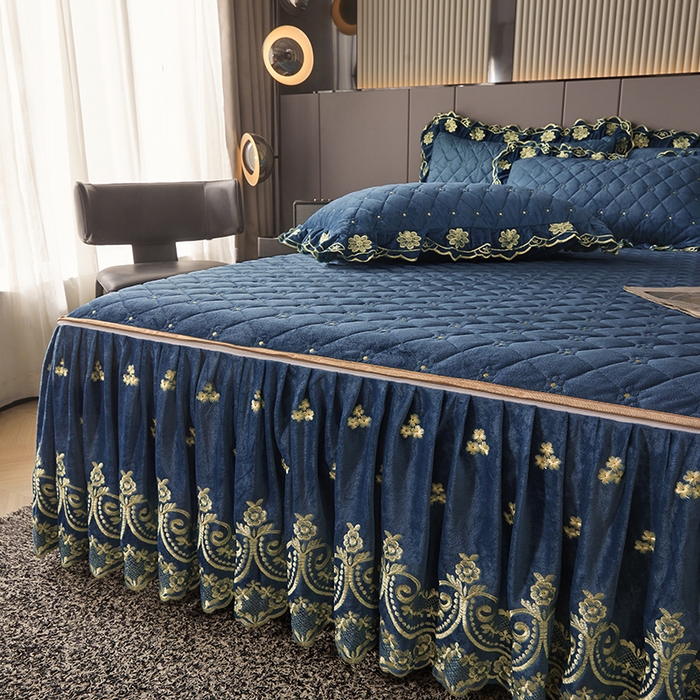 91家纺网 家纺一手货源 找家纺 罗艺轩 2025新款婴儿绒加厚保暖床裙式三件套-心语 心语-宝蓝