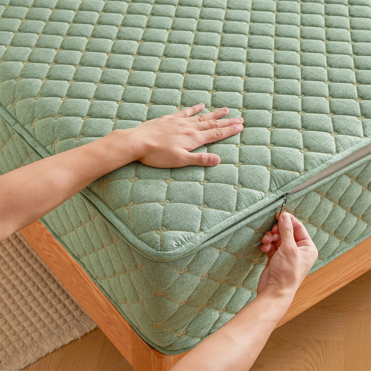 91家纺网 家纺一手货源 找家纺 伊人坊 2025新款A类全棉水洗棉六面全包夹棉床笠床垫保护套拉链床笠 青果绿