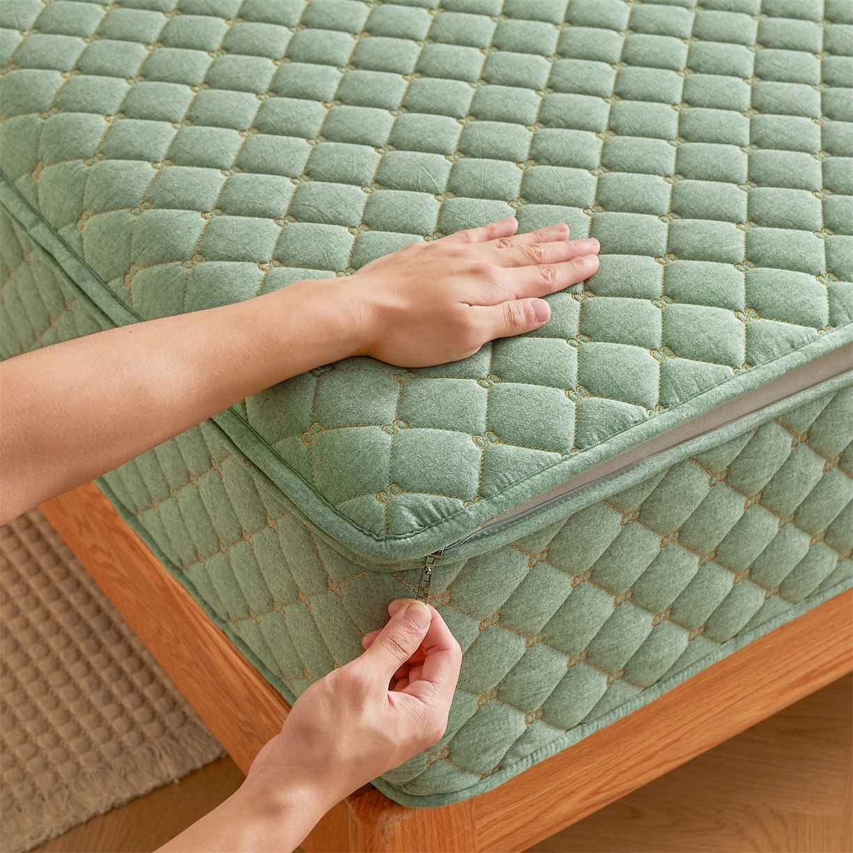 91家纺网 家纺一手货源 找家纺 伊人坊 2025新款A类全棉水洗棉六面全包夹棉床笠床垫保护套拉链床笠 青果绿