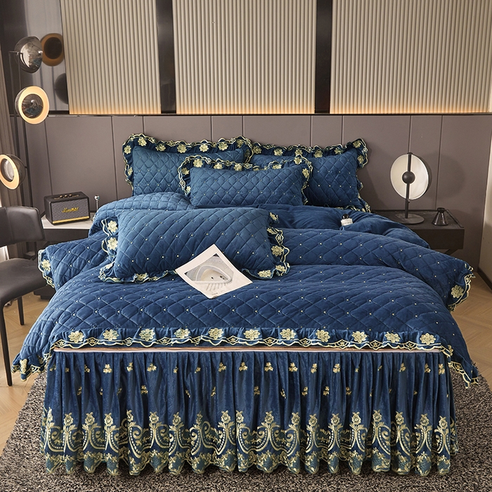 91家纺网 家纺一手货源 找家纺 罗艺轩 2025新款婴儿绒加厚保暖床裙式三件套-心语 心语-宝蓝