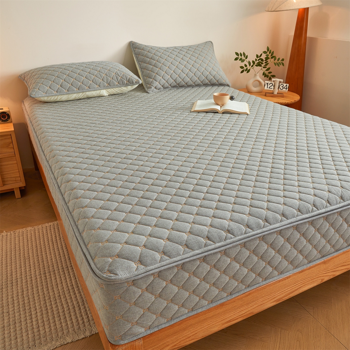 91家纺网 家纺一手货源 找家纺 伊人坊 2025新款A类全棉水洗棉六面全包夹棉床笠床垫保护套拉链床笠 时尚灰