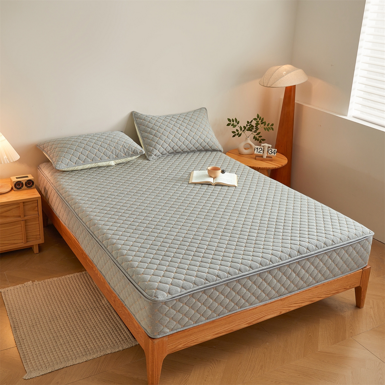 91家纺网 家纺一手货源 找家纺 伊人坊 2025新款A类全棉水洗棉六面全包夹棉床笠床垫保护套拉链床笠 时尚灰