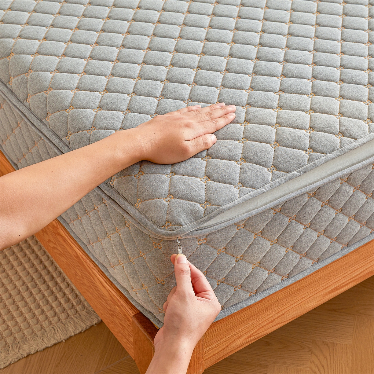 91家纺网 家纺一手货源 找家纺 伊人坊 2025新款A类全棉水洗棉六面全包夹棉床笠床垫保护套拉链床笠 时尚灰