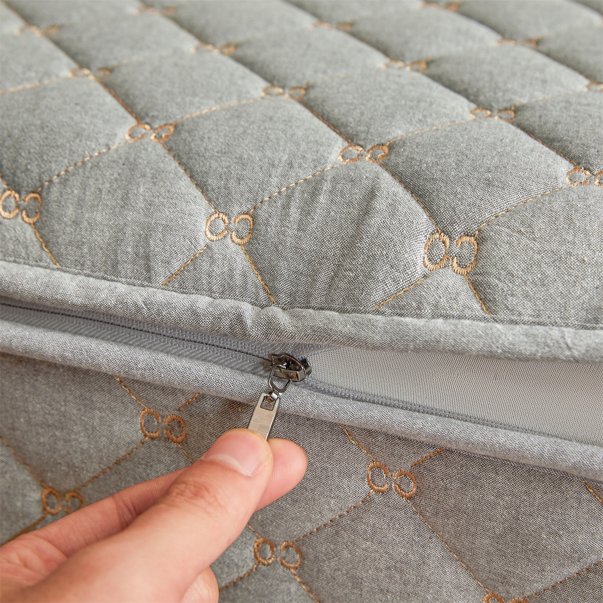 91家纺网 家纺一手货源 找家纺 伊人坊 2025新款A类全棉水洗棉六面全包夹棉床笠床垫保护套拉链床笠 时尚灰