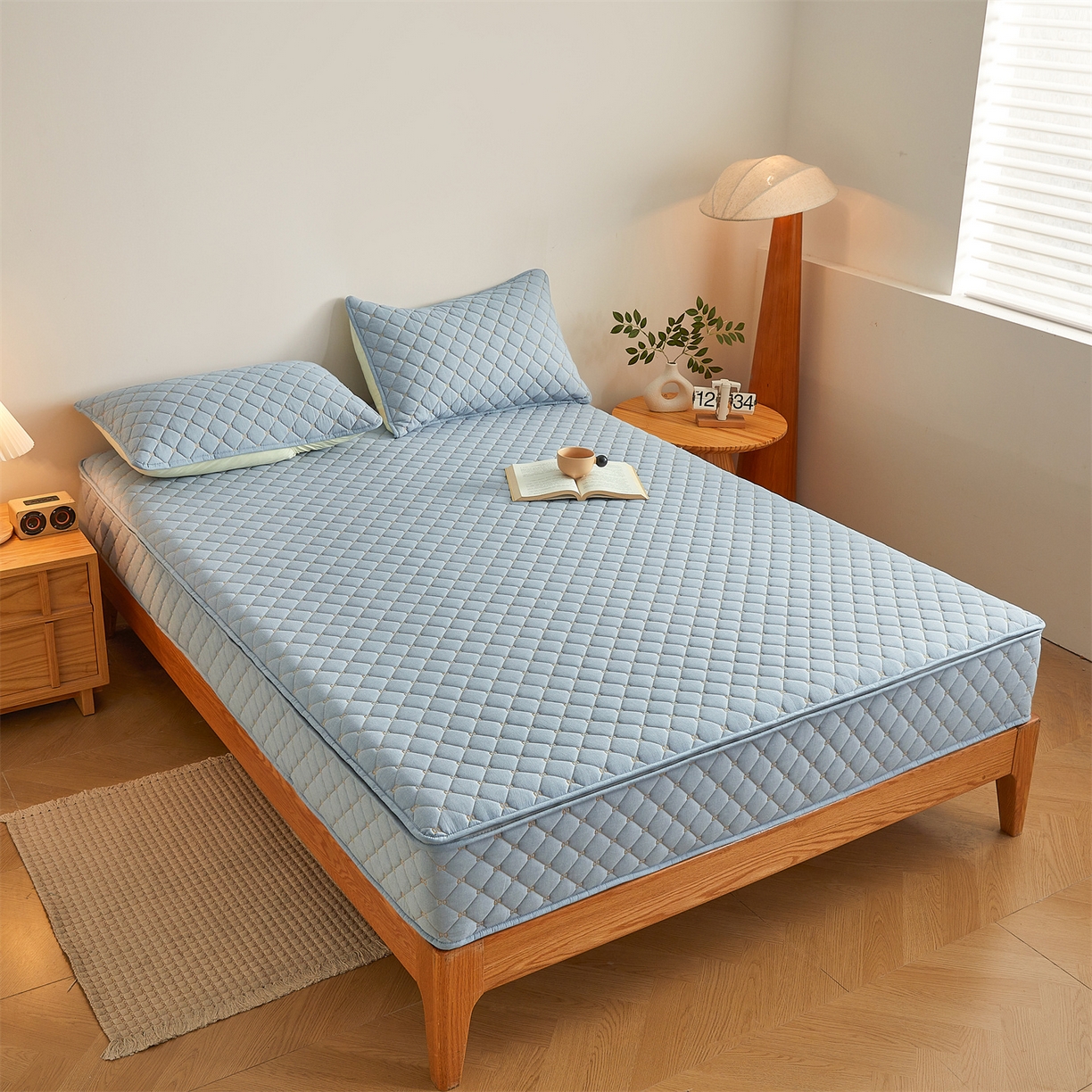 91家纺网 家纺一手货源 找家纺 伊人坊 2025新款A类全棉水洗棉六面全包夹棉床笠床垫保护套拉链床笠 天空蓝