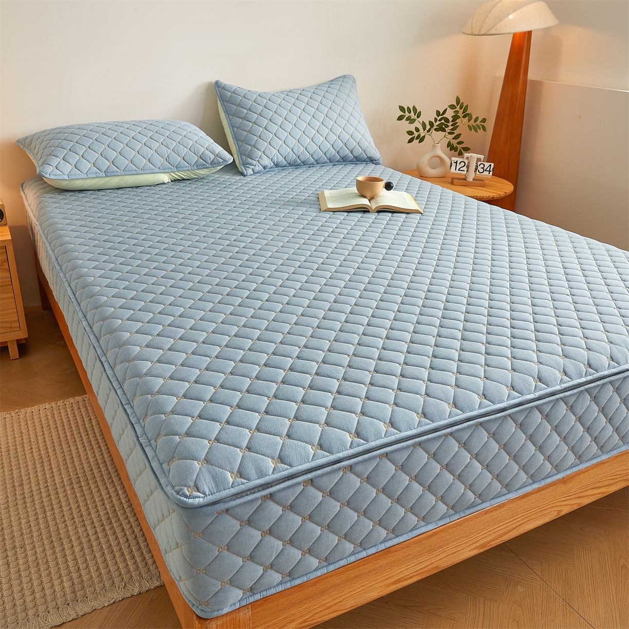 91家纺网 家纺一手货源 找家纺 伊人坊 2025新款A类全棉水洗棉六面全包夹棉床笠床垫保护套拉链床笠 天空蓝