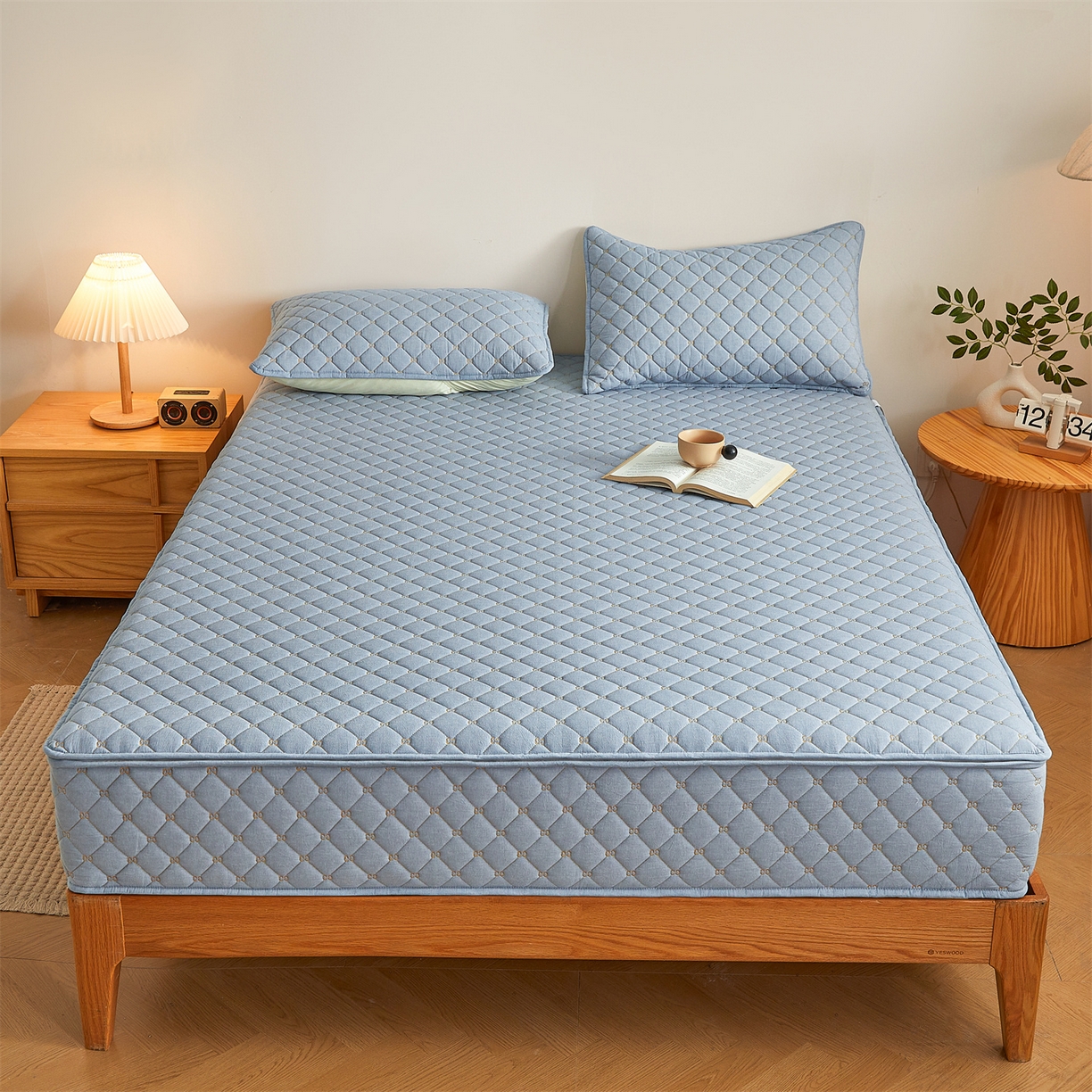 91家纺网 家纺一手货源 找家纺 伊人坊 2025新款A类全棉水洗棉六面全包夹棉床笠床垫保护套拉链床笠 天空蓝