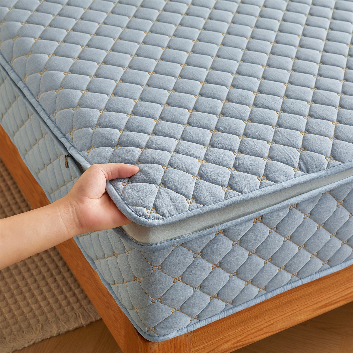 91家纺网 家纺一手货源 找家纺 伊人坊 2025新款A类全棉水洗棉六面全包夹棉床笠床垫保护套拉链床笠 天空蓝