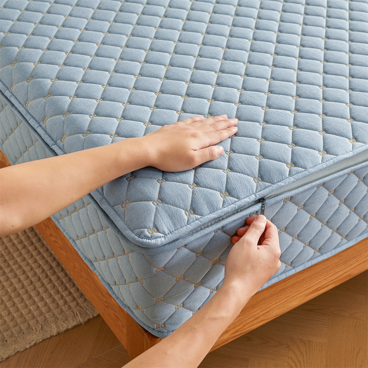 91家纺网 家纺一手货源 找家纺 伊人坊 2025新款A类全棉水洗棉六面全包夹棉床笠床垫保护套拉链床笠 天空蓝