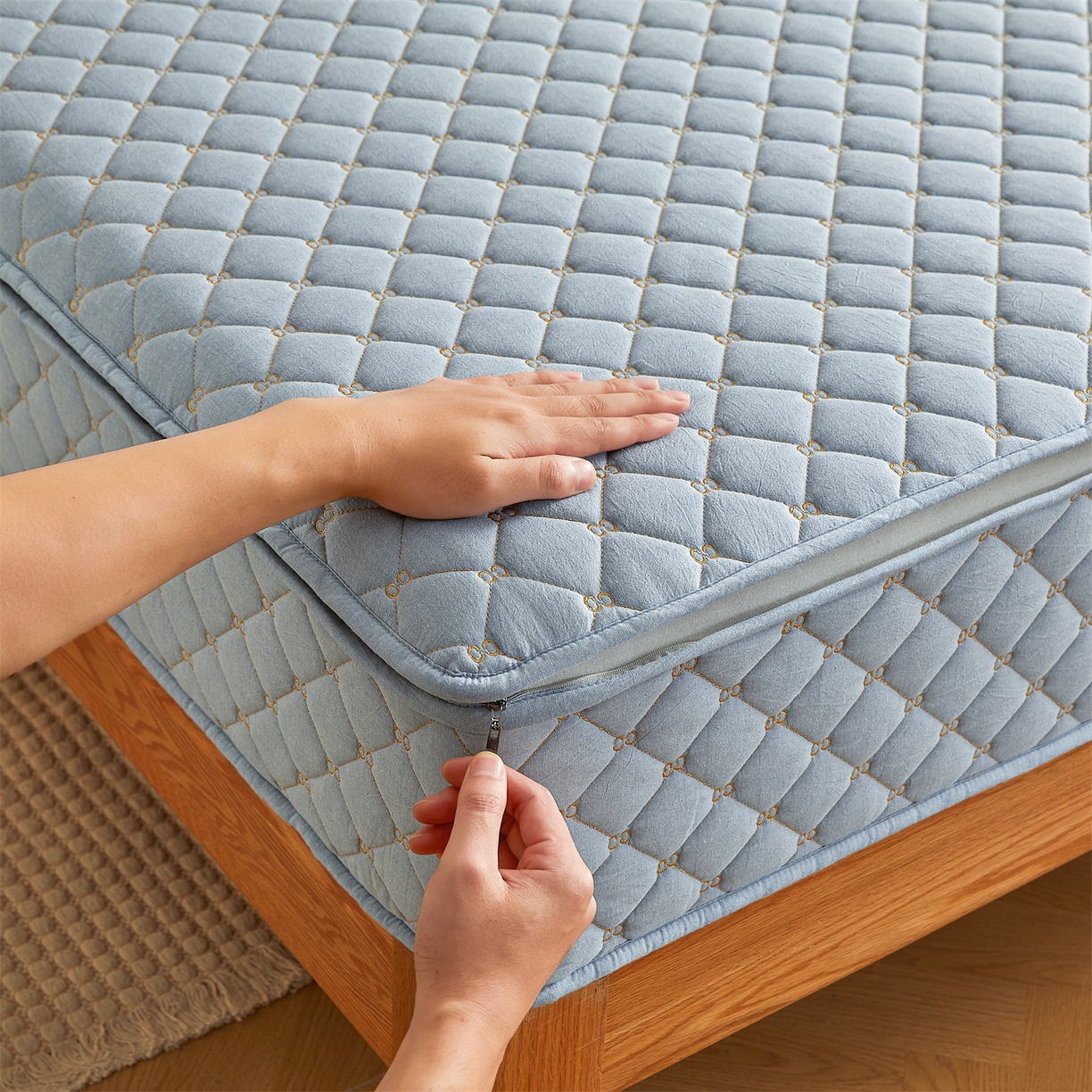 91家纺网 家纺一手货源 找家纺 伊人坊 2025新款A类全棉水洗棉六面全包夹棉床笠床垫保护套拉链床笠 天空蓝