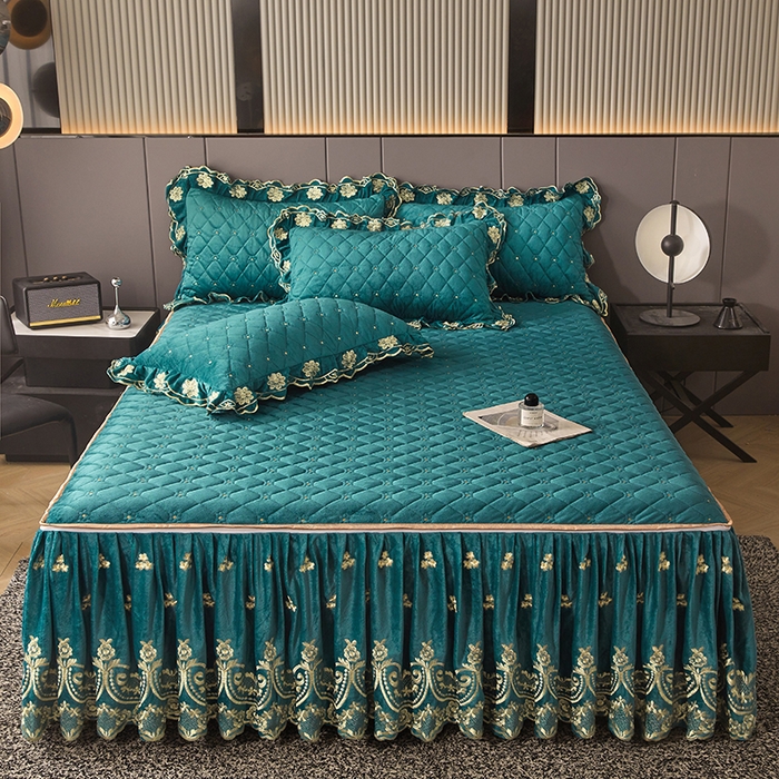 91家纺网 家纺一手货源 找家纺 罗艺轩 2025新款婴儿绒加厚保暖床裙式三件套-心语 心语-翡翠绿