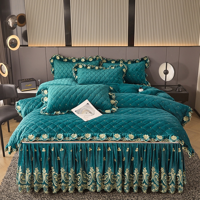 91家纺网 家纺一手货源 找家纺 罗艺轩 2025新款婴儿绒加厚保暖床裙式三件套-心语 心语-翡翠绿