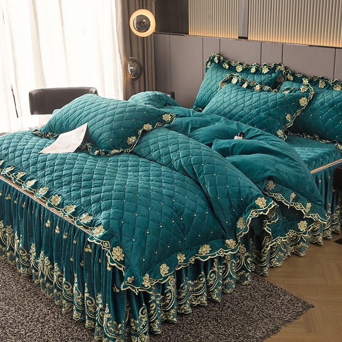 91家纺网 家纺一手货源 找家纺 罗艺轩 2025新款婴儿绒加厚保暖床裙式三件套-心语 心语-翡翠绿