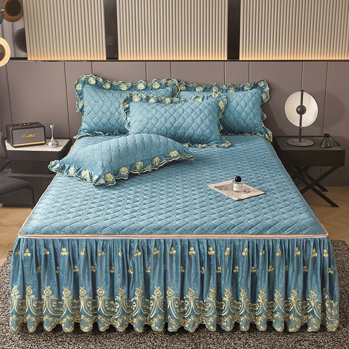 91家纺网 家纺一手货源 找家纺 罗艺轩 2025新款婴儿绒加厚保暖床裙式三件套-心语 心语-湖蓝