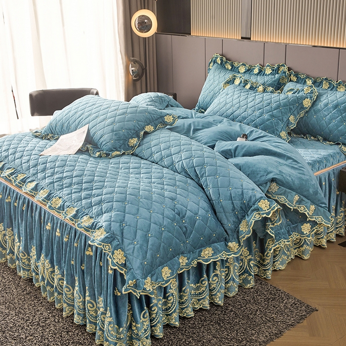 91家纺网 家纺一手货源 找家纺 罗艺轩 2025新款婴儿绒加厚保暖床裙式三件套-心语 心语-湖蓝