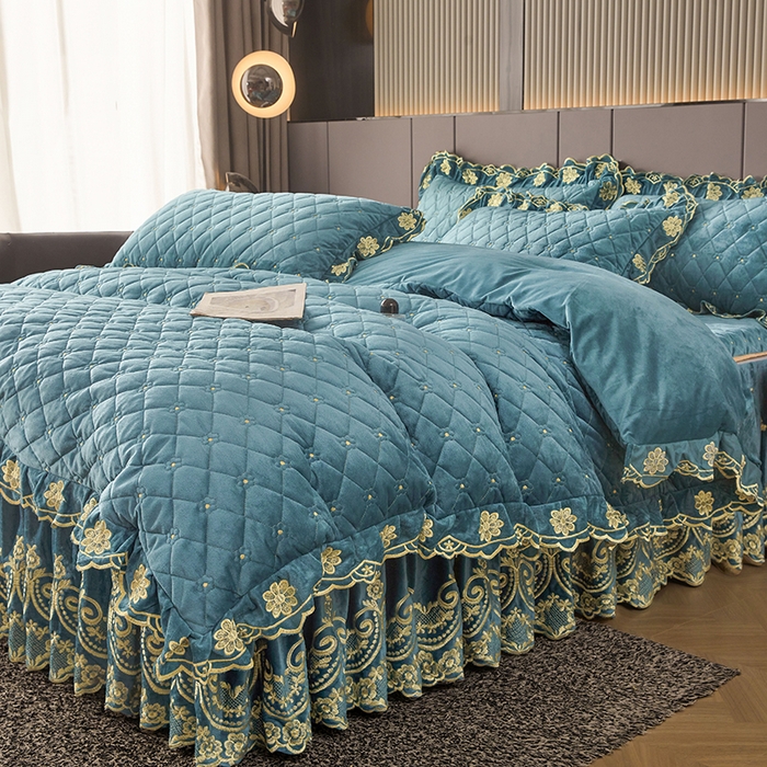 91家纺网 家纺一手货源 找家纺 罗艺轩 2025新款婴儿绒加厚保暖床裙式三件套-心语 心语-湖蓝