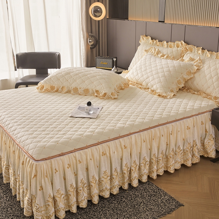 91家纺网 家纺一手货源 找家纺 罗艺轩 2025新款婴儿绒加厚保暖床裙式三件套-心语 心语-奶昔