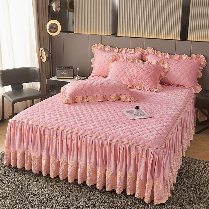 91家纺网 家纺一手货源 找家纺 罗艺轩 2025新款婴儿绒加厚保暖床裙式三件套-心语 心语-樱花粉