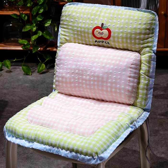 91家纺网 家纺一手货源 找家纺 仟亿莱 2025新款格纹苹果护腰横条连体坐垫 护腰黄绿横条